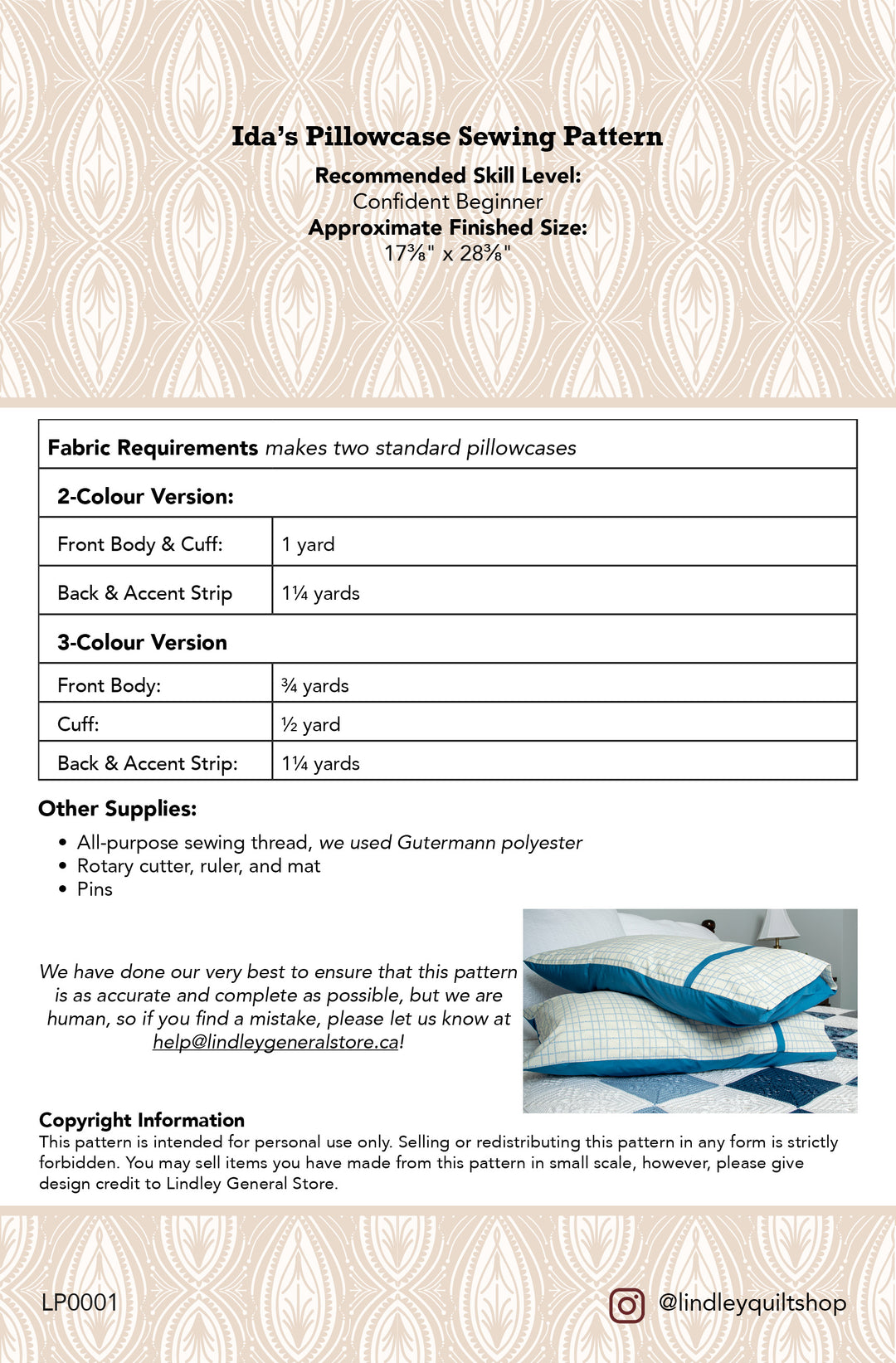 Ida's Pillowcase Sewing Pattern - printed